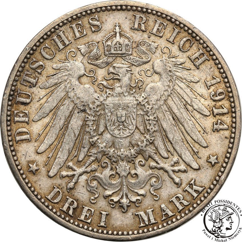 Niemcy, Wirttembergia. 3 marki 1914 F